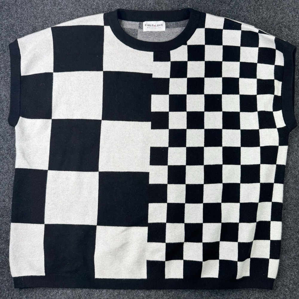 First Love Lovelyn Sweater Vest 3X Black White Checkerboard Oversized Geometric